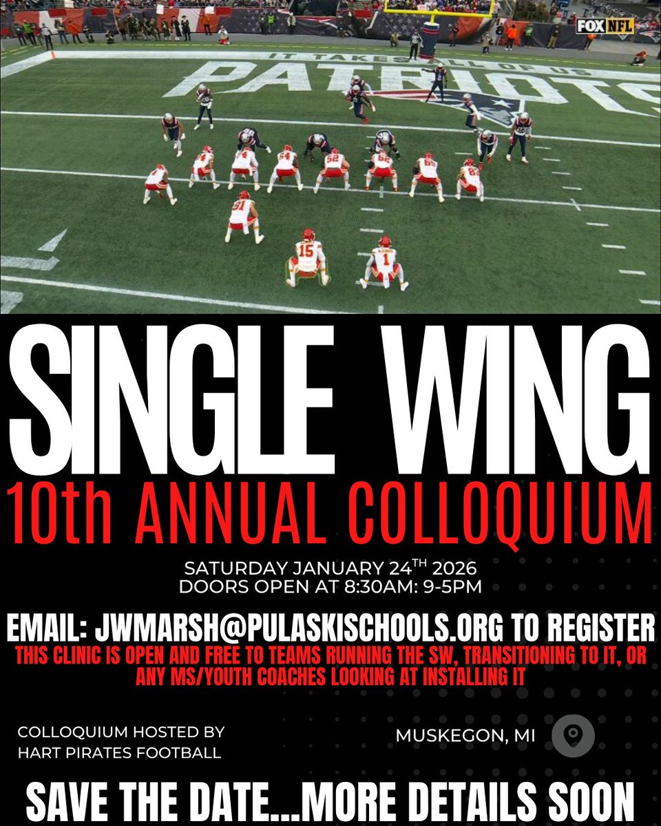 coachtanis's tweet image. The 10th Annual Single Wing Colloquium will be held in Muskegon, MI on Saturday Jan 24th. We will be hosting this clinic run by HC Jerad Marsh from Pulaski HS Wisc. This clinic is for SW coaches &amp;amp; feedback on presenters &amp;amp; topics is highly encouraged. Stay tuned for more details.