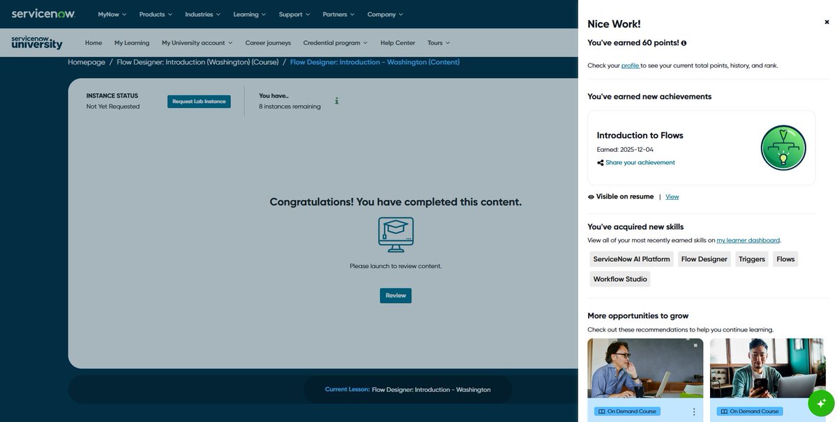 adityacs22's tweet photo. 🎉 Just completed the Flow Designer: Introduction course on ServiceNow University! Earned new skills in Flows, Triggers, Workflow Studio & Flow Designer 🚀 Excited to keep building my ServiceNow journey! 💡
#ServiceNow #LearningJourney #FlowDesigner https://t.co/Y2VPebnk1t