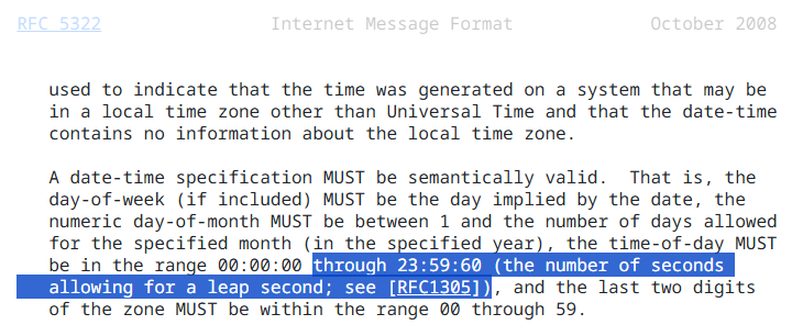 CherryDT's tweet photo. `Date` header can have leap seconds (e.g. `23:59:60`)! I wonder whether this can be cleverly abused to trick some software somehow... https://t.co/EPbjRtWHyF