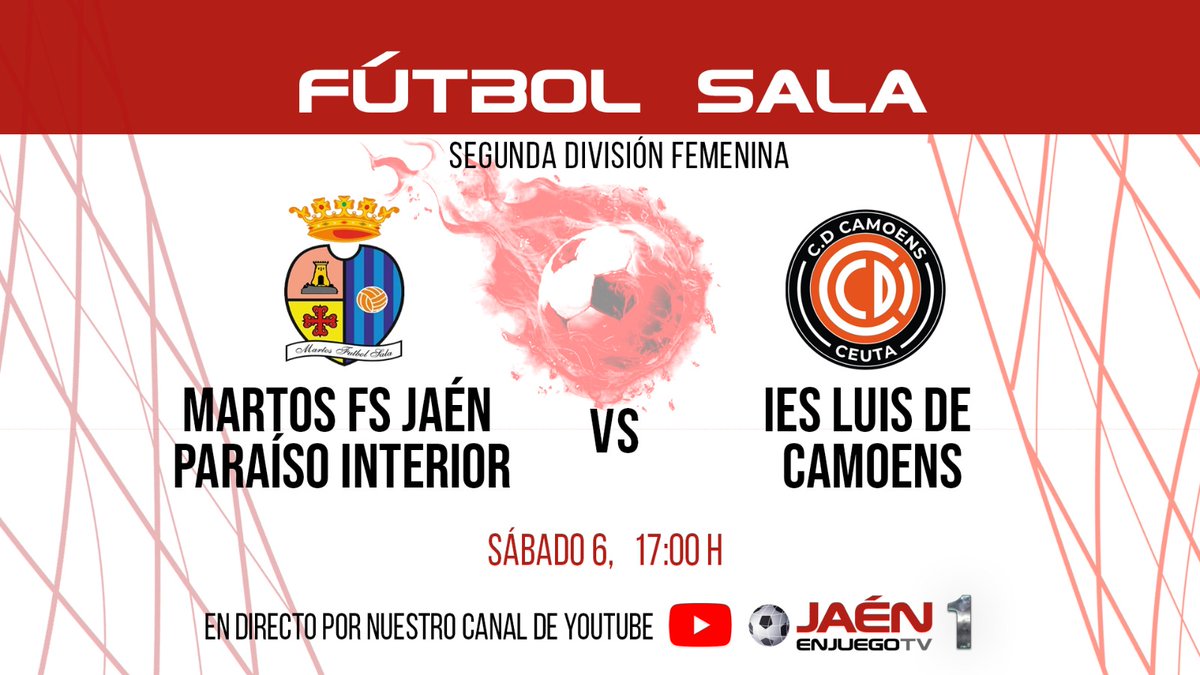 🚨RETRANSMISIÓN ‼

👉Mucho fútbol sala para la tarde del sábado en JaenEnJuego TV ‼

➡A las 17:00 horas, en directo, desde Martos, SEGUNDA DIVISIÓN: <a href="/MartosFSF/">Martos Fútbol Sala Femenino Jaén Paraíso Interior</a> - <a href="/CamoensFemenino/">Camoens Femenino</a> 

Aquí lo podrás ver: youtube.com/live/qk_zyF2E2…