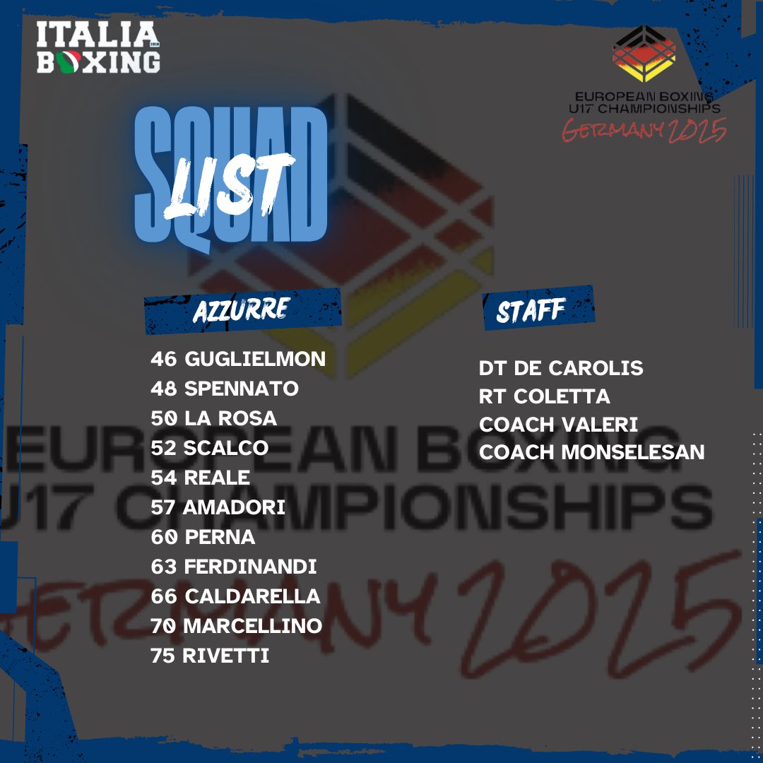 🥊 🇪🇺 🏆 Euro U17 Boxing Championships 2025 
🏟️ Kienbaum 🇩🇪 Sports Hall - 10-17 Dic.

🥊 13 Azzurrini
🥊 11 Azzurrine 

🥊 🇮🇹Forza Italia Boxing Team 💙

Staff
DT Giovanni De Carolis
RT M Franco Federici
RT F Giulio Coletta

Coach:
Valeri F
Monselesan F
Alota M
Mattei M