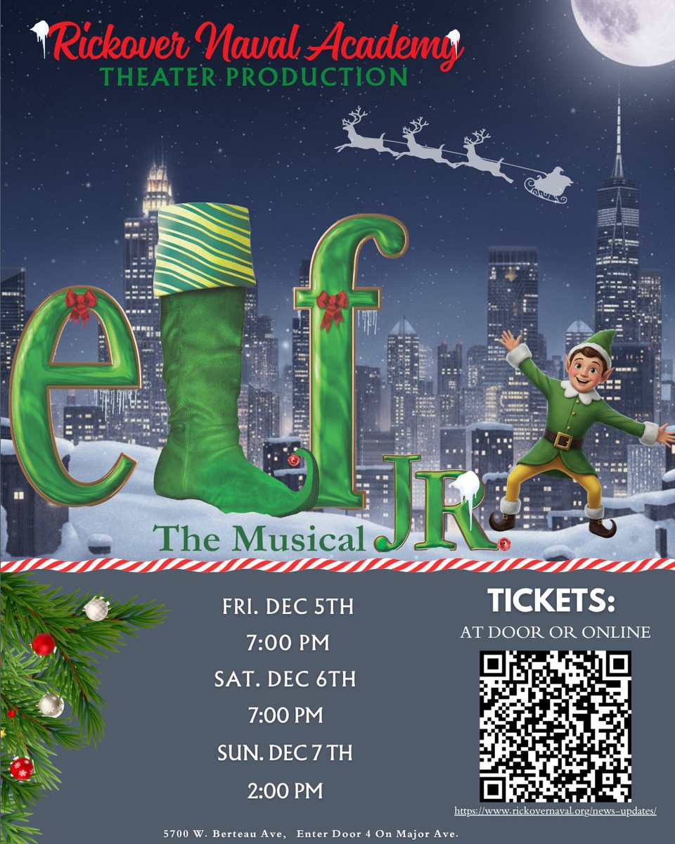 🎄 TOMORROW’S THE BIG DAY! 🎭
Opening night of Elf Jr. The Musical is here! A joyful, family-friendly way to kick off the holiday season.
🎟 Scan the QR code or buy at the door. Don’t miss it!
#Rickover #ElfJrTheMusical #HolidaySeason