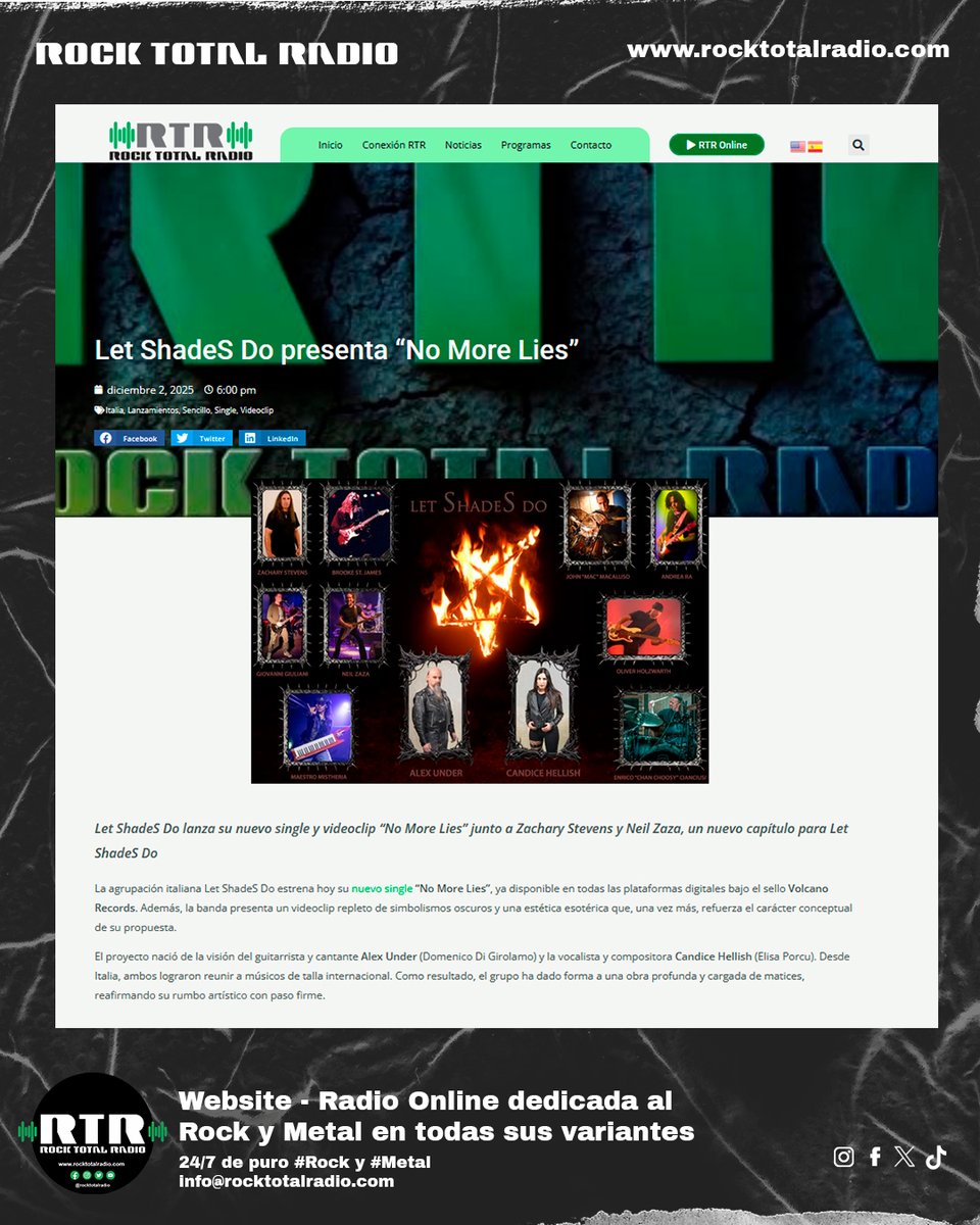 Let ShadeS Do estrena “No More Lies”, un single lleno de metal oscuro junto a Zachary Stevens (Savatage) y el virtuoso Neil Zaza.
Léelo completo aquí 👉 rocktotalradio.com/let-shades-do-…
#RockTotalRadio #MetalNews #RockNews #MetalRelease #RockRelease #NewMetal #NewMusic #MetalCommunity