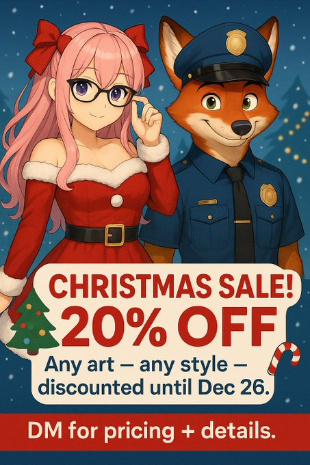 Hey everyone my boyfreind <a href="/foxnick4life/">Nick from zootopia</a> all the shoutout goes to him for making me the artist that I'm today and I'm here giving 20% discount on christmas art and even in vtuber models too