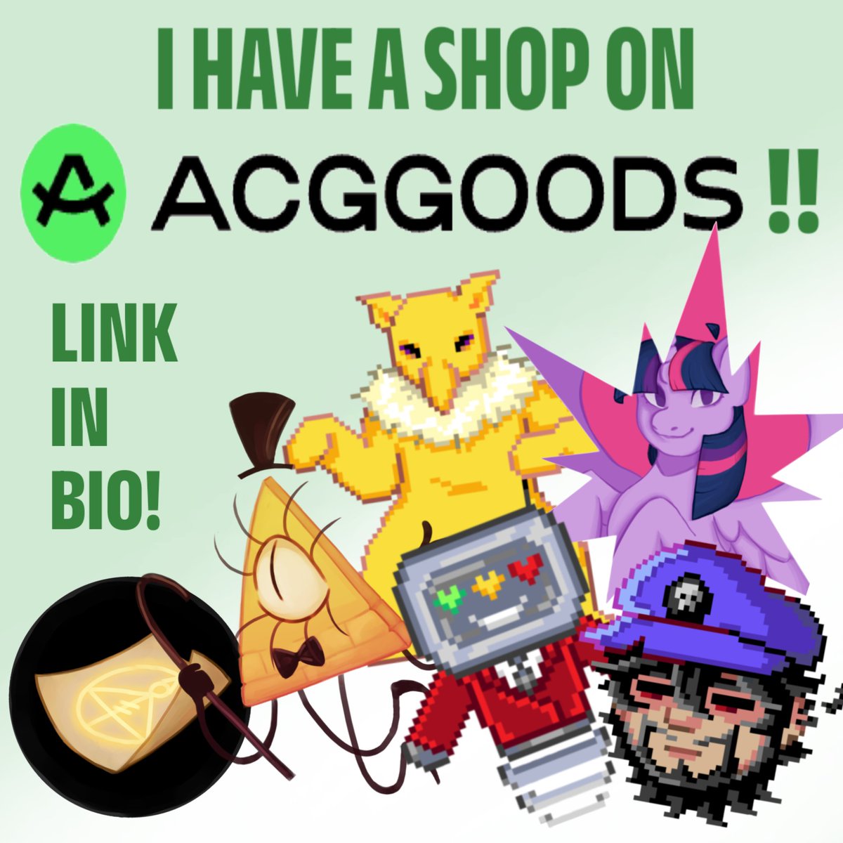 A bit of shameless self promo never hurt anyone!! 

Anyways, I finally opened an <a href="/ACGGoods/">ACGGoods</a> store! I'm planning on making a lot of smg4 and life series/hermitcraft stuff for it in the future so watch out hehe
#smg4 #smg3 #mlp #traffictwt #GravityFalls #artshop #acggoods
