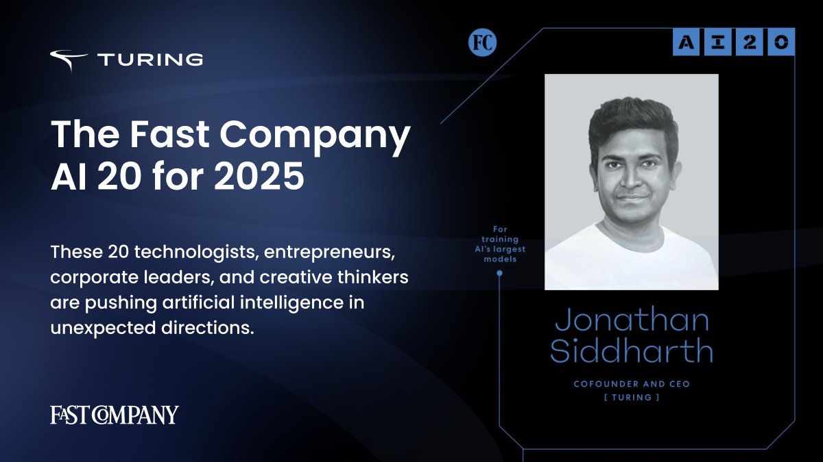 turingcom's tweet image. The @FastCompany AI 20 for 2025 highlights leaders reshaping the future of artificial intelligence, including Turing CEO and Co-founder, Jonathan Siddharth.

 As models evolve, generic web scraped data is no longer enough. AI researchers now need expert level training data across…