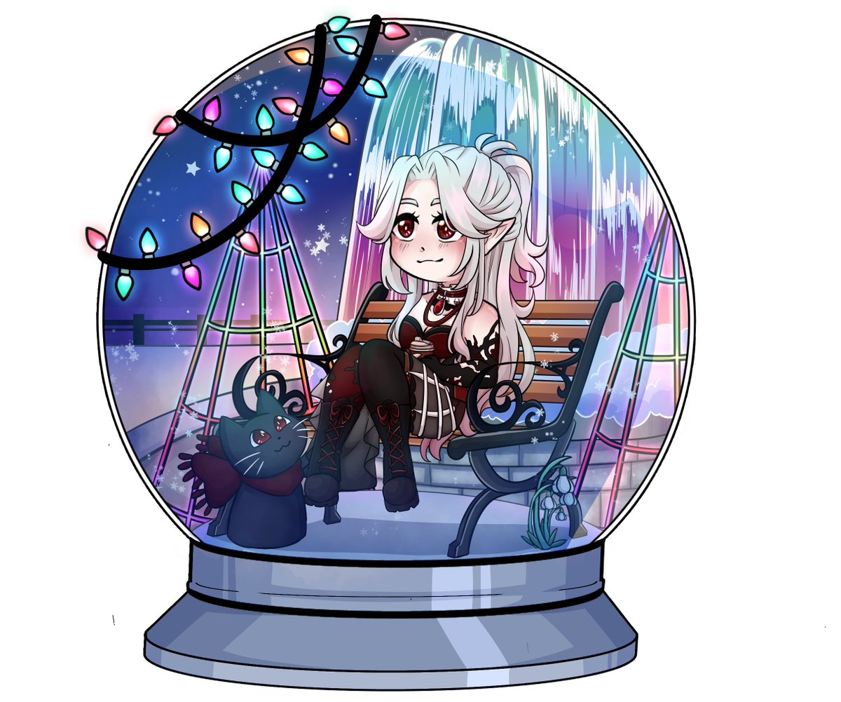 In the spirit of winter here is me sitting in a snow globe drinking hot chocolate with an adorable kitty watching me. 
🎨: <a href="/Unknown_K55/">Unknown_K (🇻🇪free? edition) ⚡COMISSIONS OPEN⚡</a>