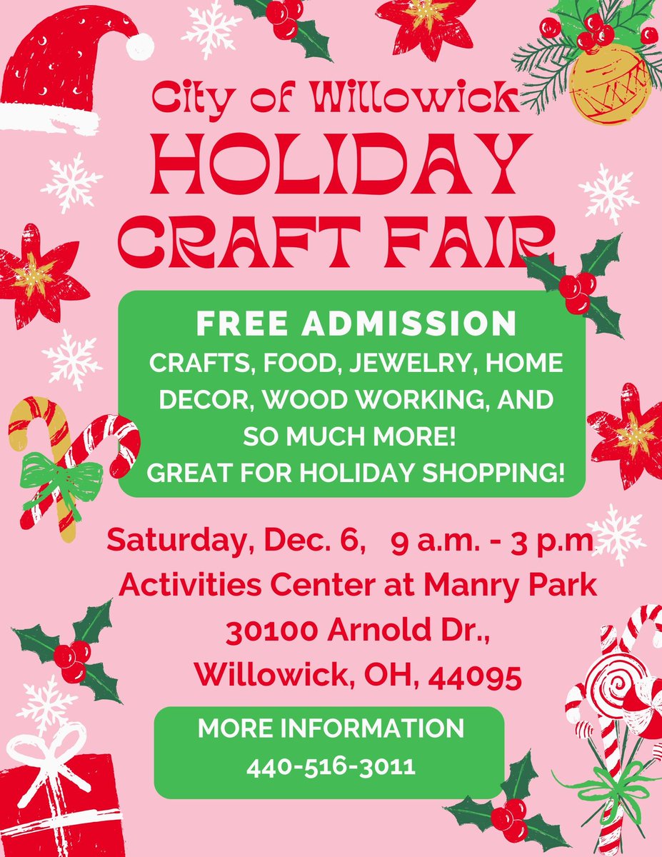 WillowickRec's tweet image. Join us this Saturday at Manry Park for your holiday shopping!