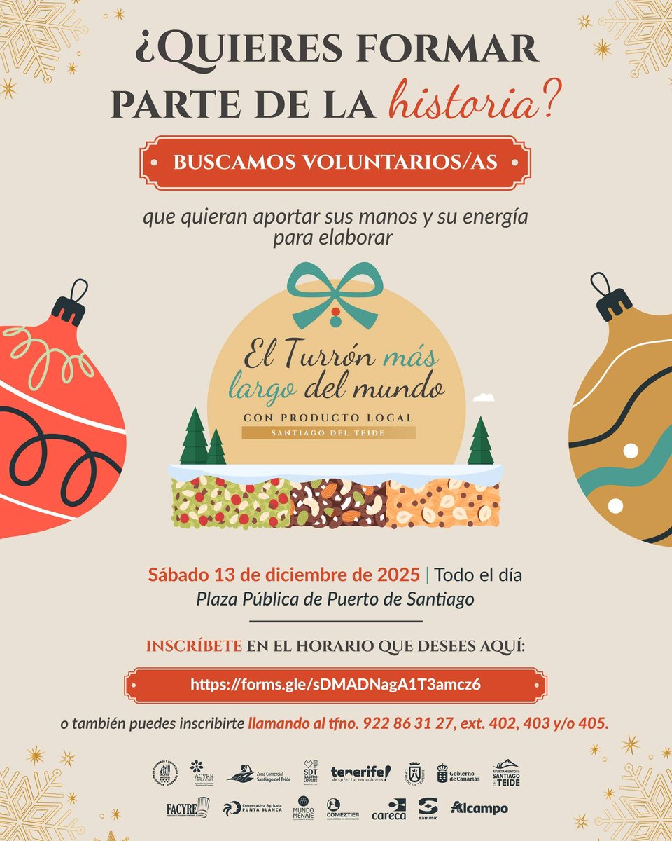 #Evento 
🟢 Santiago del Teide invita a la ciudadanía a participar en la elaboración del turrón más largo del mundo con producto local 
ℹ️ gastronomia7islas.com/santiago-del-t…
#Gastronomia7islas <a href="/AyuntamientoSDT/">Ayuntamiento de Santiago del Teide</a>