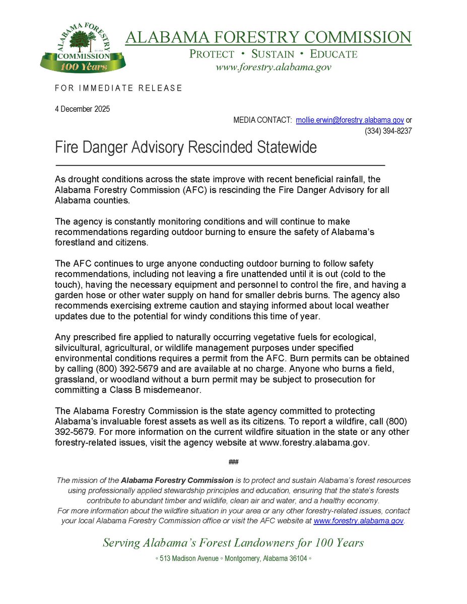 ALForestryComm's tweet image. 📢Fire Danger Advisory Rescinded Statewide📢