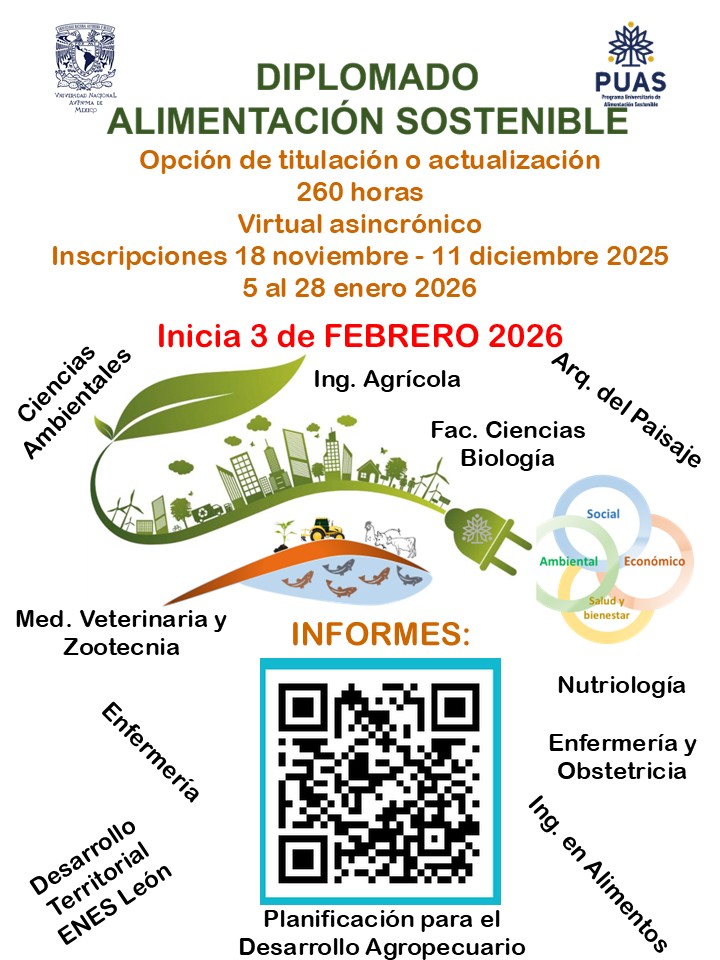 puasunam's tweet image. Les invitamos a inscribirse a la séptima generación del Diplomado en Alimentación Sostenible, déjanos tus datos en: forms.gle/56AV8tHvCx2TCF… 
Inscripciones del 18 de nov  al 11 de dic 
Iniciamos Febrero 3 ¡No te lo pierdas!
#AlimentaciónSostenibleUNAM #PUAS