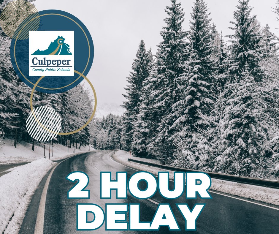 Culpeper Schools will open 2 hours late tomorrow, Friday, 12/5 due to the forecast of  inclement weather. 

If conditions deteriorate and we need to close, we will send a follow-up notification by 7:30 AM.