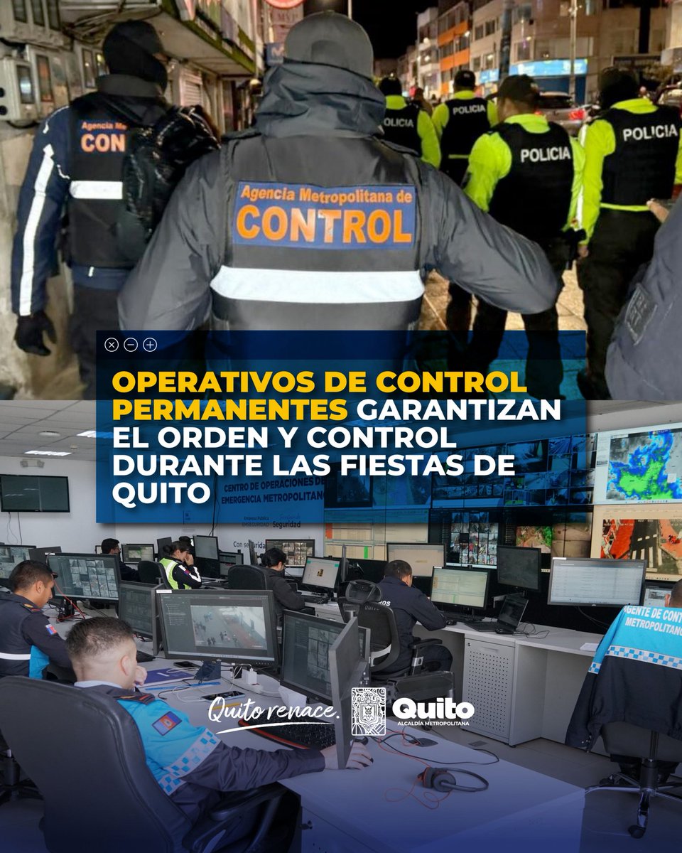 🚨 #QuitoEnControl | Operativos permanentes por Fiestas de Quito

El Municipio, junto a la fuerza pública, mantiene despliegues diarios para garantizar un ambiente seguro y ordenado en toda la ciudad.

Desde el PMU se coordinan, en tiempo real, el monitoreo, las decisiones
