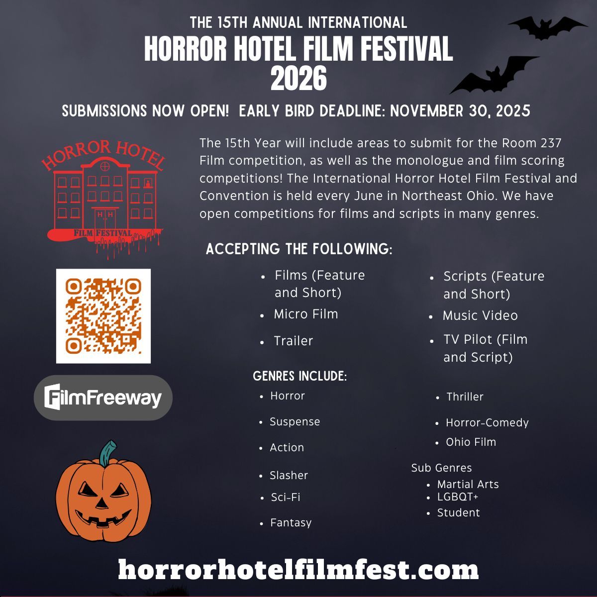 Submissions are officially open for the 15th Annual Horror Hotel Film Festival. We want your project! Click the link, check our FilmFreeway, and Submit!
filmfreeway.com/HorrorHotel
