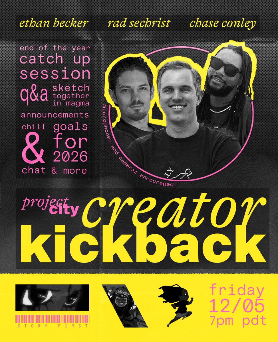 Creator Kickback — Dec 5 @ 7 PM PDT

Ethan Becker, Rad Sechrist &amp; Chase Conley are hanging with the community to close out the year! Stories, Q&amp;A, Magma drawing, 2026 goals.

Cameras/mics encouraged. Just vibe, sketch, talk, whatever feels right.

Zoom link drops 30 min before we
