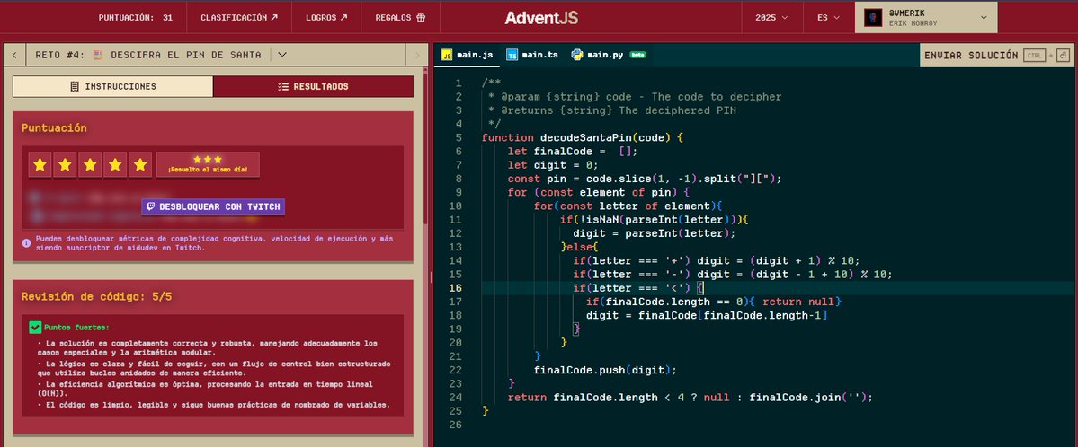 monroyaeu's tweet image. Seguimos poniendonos al corriente con el AdventJS  
Reto 4 completado con 8 Estrellas ⭐
Te dejo aqui mi solución 👇👇
Si tu tambien lo estas realizando, dejame en tus comentarios tu solucion. 
La unica condición es no usar ChatGPT  
#JavaScrip #Adventjs #Coding #Code