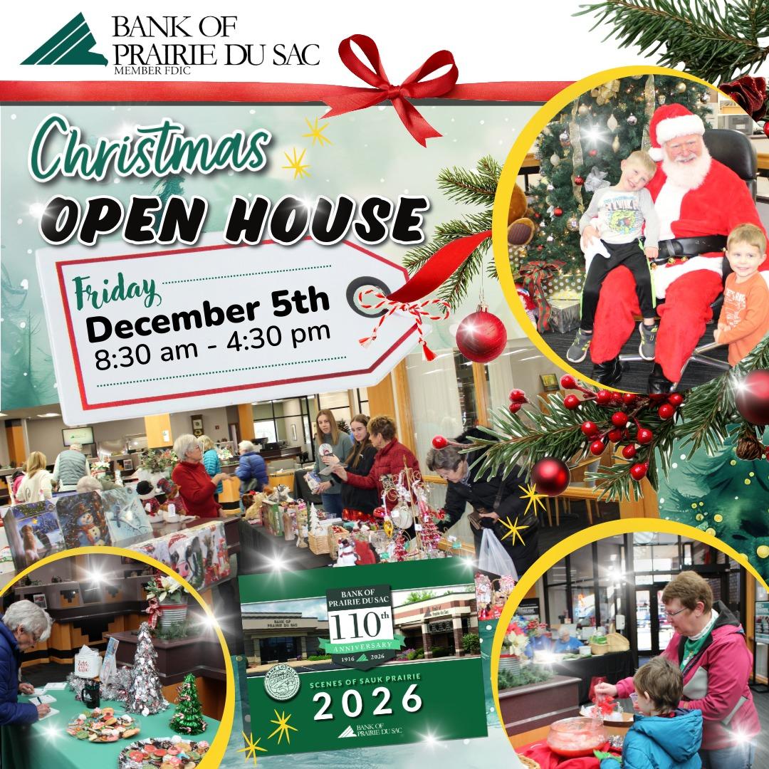 🎄 Join us tomorrow (Dec. 5) for our Christmas Open House at Bank of Prairie du Sac!
✅ Christmas Cookies &amp; punch
✅ Baked goods from Sauk Prairie Optimist Club
✅ Gifts from Sauk Prairie Hospital Gift Shop
🎅 Santa 3:00–4:30 pm (PdS)
PLUS 2026 calendars available!

Member FDIC