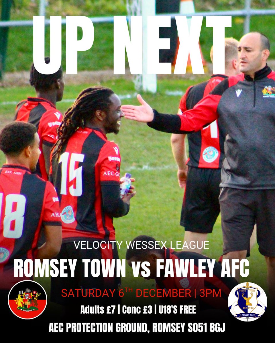 We’re looking forward to getting back to @wessexleague action and welcoming Fawley to the AEC Protection ground this Saturday ❤️🖤

Romsey Town 🆚 Fawley AFC
📆 Saturday 6th December | 3pm 
🏟️ AEC Protection Ground | SO51 8GJ
🎟️ Adults £7 | Conc £3 | U18’s 🆓*