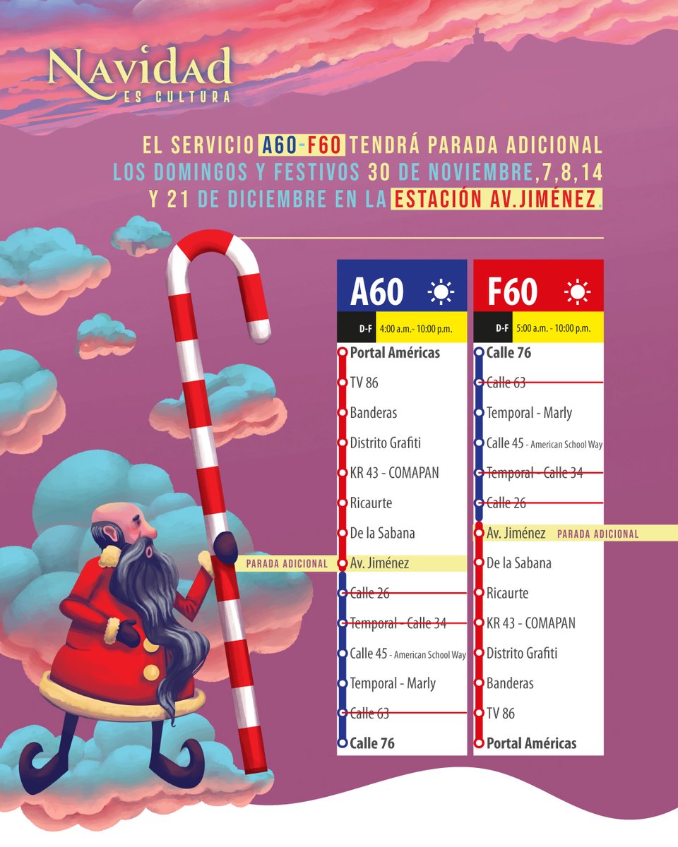 🎄 El servicio A60 – F60 tendrá parada adicional en Av. Jiménez los domingos y festivos: 30/11, 7, 8, 14 y 21 de diciembre.

Planea tu viaje y disfruta una movilidad más práctica en temporada navideña. 🚍✨

#NavidadEsCultura #A60 #F60 #MovilidadBogotá #Capitalbus