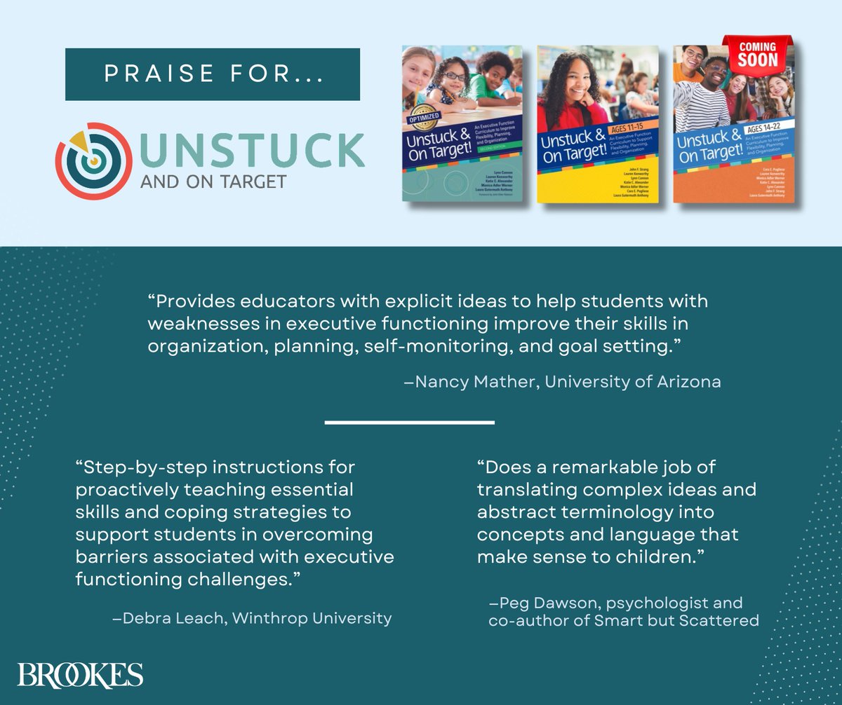 BrookesPubCo's tweet image. That&apos;s just a small sampling of the positive feedback provided by users of Unstuck and On Target!, the bestselling #ExecutiveFunction curriculum. Explore the three versions of Unstuck—for ages 8-11, ages 11-15, &amp;amp; the new version for students ages 14-22: monkeylink.co/3fd6d9