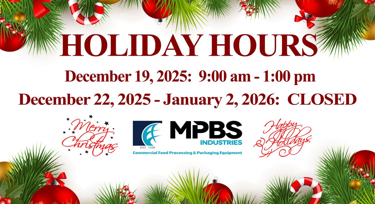MPBSIndustries's tweet photo. MPBS Industries Holiday Hours

December 19, 2025: 9:00 am - 1:00 pm
December 22, 2025 - January 2, 2026: CLOSED

https://t.co/nya885P3Le  323-268-8514   contact@mpbs.com https://t.co/pVkoSum9lr