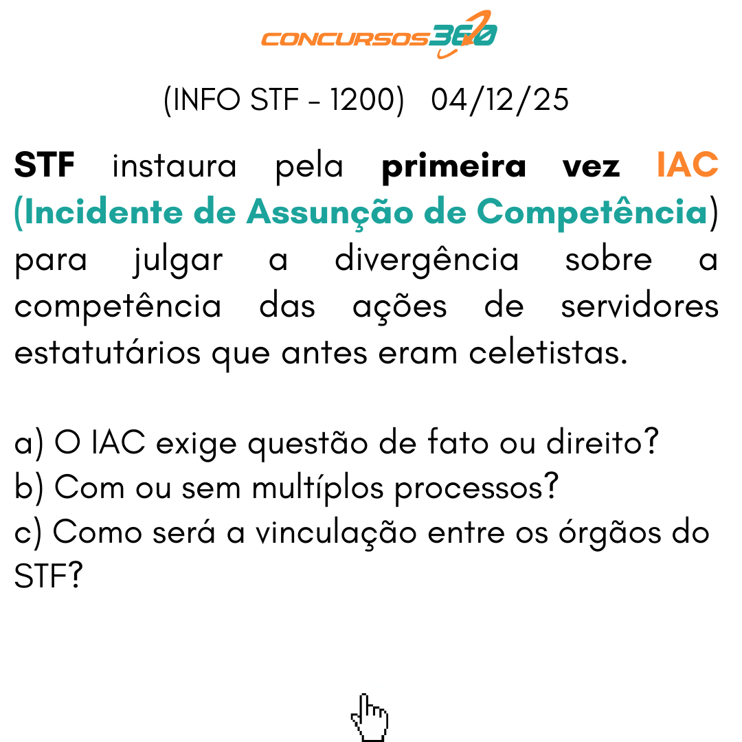 concursos360's tweet photo. O Supremo Tribunal Federal (STF) instaurou o seu primeiro Incidente de Assunção de Competência (IAC)! ⚖️
O IAC exige questão de fato ou direito?
b) Com ou sem multíplos processos?
c) Como será a vinculação entre os órgãos do STF?! 🇧🇷
#STF #IAC #Direito #Justiça #Funasa #PrecedenteVinculante #CPC #DireitoProcessual