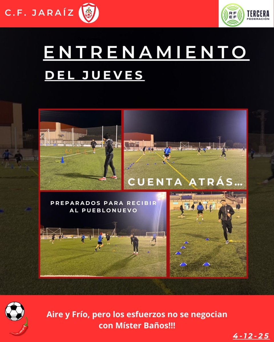 𝗖.𝗙. 𝗝𝗔𝗥𝗔Í𝗭 𝟮𝟱/𝟮𝟲..
𝗘𝗻𝘁𝗿𝗲𝗻𝗮𝗺𝗶𝗲𝗻𝘁𝗼 𝗱𝗲𝗹 𝗝𝘂𝗲𝘃𝗲𝘀.. 💪🏼 💪🏼 💪🏼
Aire y Frío, pero los esfuerzos no se negocian con Míster Baños!!!
🌶️🌶️🌶️❤️💙⚽