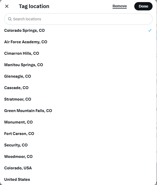 Peak_dream's tweet photo. @Support how do we add more cities in the "location" option on posts? we have offices in Canon City, CO and it's not showing up as an option https://t.co/sNMLzGKHhp