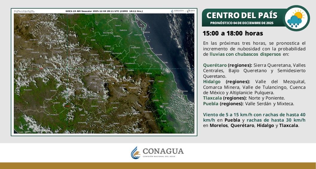 conagua_clima's tweet photo. Para las próximas horas se pronostican #Lluvias con #Chubascos dispersos y #Rachas de #Viento de  hasta 30 km/h en regiones del #EdoMéx y estados del centro de #México. En la #CDMX no se espera lluvia.