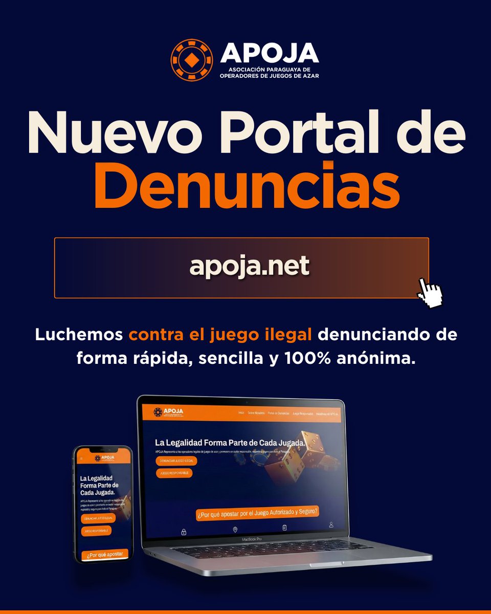 apoja_py's tweet photo. Denunciar el juego ilegal ahora es más seguro, rápido y efectivo.

Hemos habilitado el nuevo y actualizado Portal de Denuncias, una herramienta digital con total confidencialidad.

Realice su reporte en: 🌐 https://t.co/VETbVL3aKS https://t.co/JuKKHmhqgm