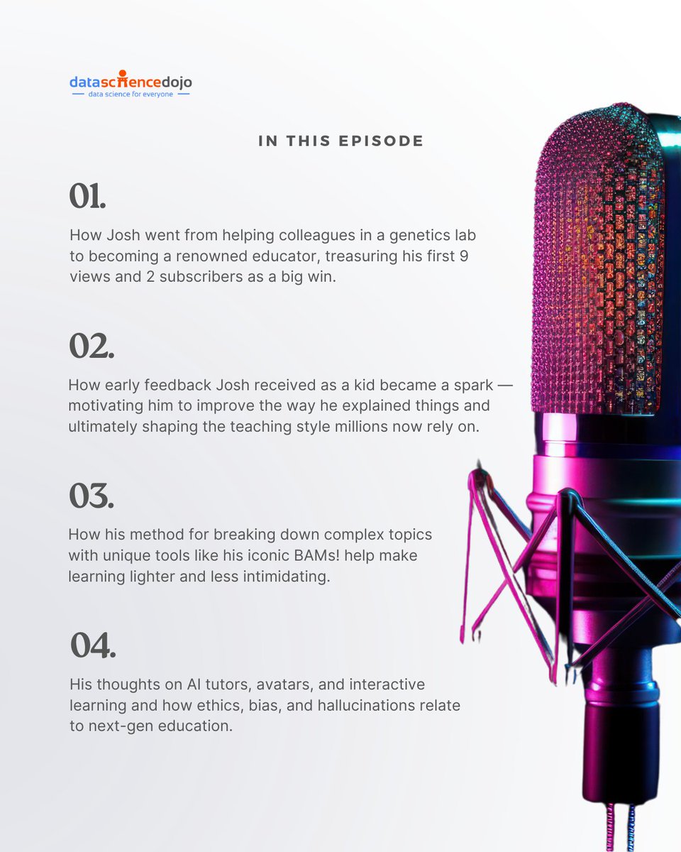 DataScienceDojo's tweet image. 🎙️ New Podcast Episode with Joshua Starmer

Before the “BAM! Double BAM! Triple BAM!” became a teaching tool loved by millions… there was just one guy in a genetics lab, finding innovative ways to explain data analysis to coworkers. How did he go from that lab to founding one of…