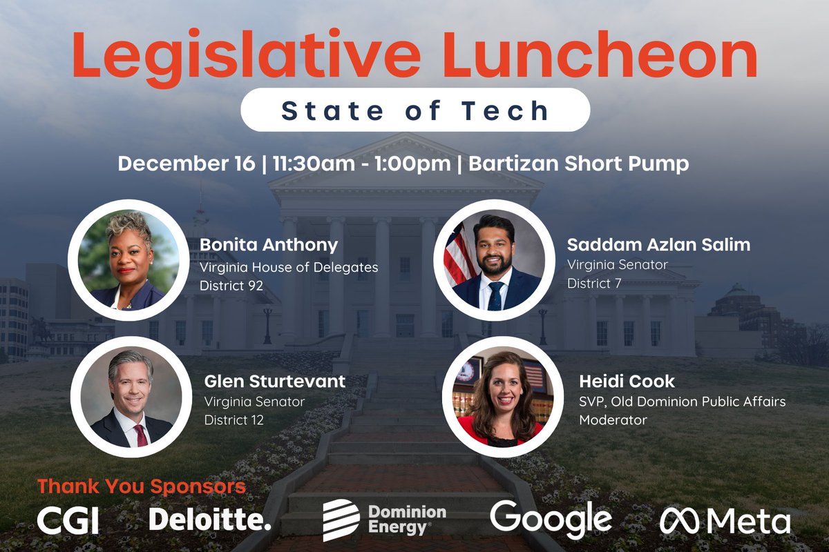 Technology doesn’t evolve in a vacuum — policy shapes everything from how we build and deploy AI to how companies manage data, security, and digital services.

Be a part of the conversation:
rvatech.com/rvatech-events…
December 16, 11:30am - 1pm
$75 (members) | $100 (non-members)