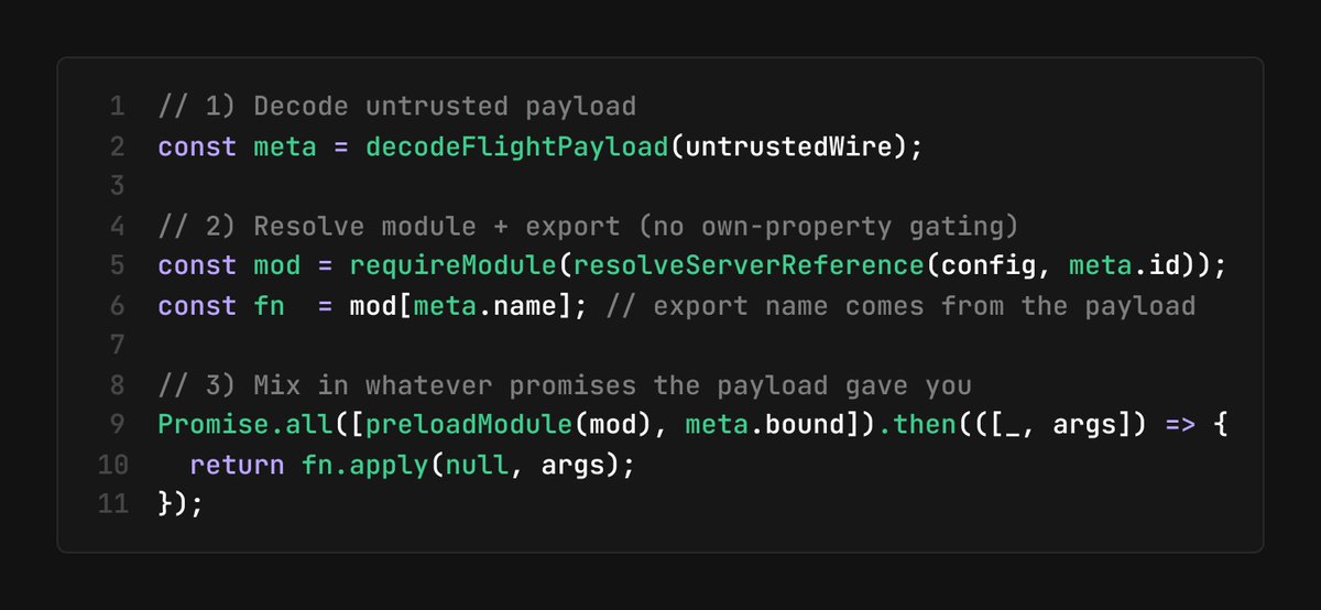 AndreiDavid's tweet photo. Takeaways from CVE-2025-66478 / CVE-2025-55182 (React 19 + Next.js App Router RSC):

At a high level, this is what happens when your render protocol quietly turns into an unauthenticated RPC layer. The RSC transport lets the client tell the server not just what data it wants, but which function in which module to run, plus arguments.

In React 19 RSC, a server reference is basically:

• an id field → which module to load
• a name field → which export to call
• a bound field → pre-bound args / promises

Pre-patch, the core flow is effectively:

Two key issues there:

• The export name comes from attacker-controlled input (the Flight payload).
• Accessing mod[thatName] walks the prototype chain, so names like constructor, toString, valueOf are all in play.

The patch adds an “only real exports” gate and tightens the invariants:

Same idea at a distance, but now with actual guardrails:

• Only own exports are ever callable.
• Only well-typed metadata is accepted (id must be a string, bound is a specific internal promise shape).
• Only a central path decides how resolved functions get attached into the object tree and which blocked chunks they wake.

The broader lesson for framework / protocol design: if your wire format lets the client choose a module identifier and an export name, you have built an RPC system. Treat it like one. Avoid indexing into objects with user-derived strings on a live prototype chain, and remember that your async wiring (promises, chunks, streams) is part of the attack surface, not just an implementation detail.
