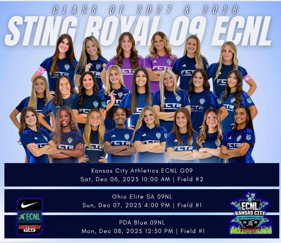 Good luck to my team this weekend in KC! Come watch them play - We have lots of great, uncommitted 2027s and 2028s! Unfortunately I am unable to attend due to an injury. 
<a href="/StingECNL09/">Sting Royal 09g ECNL</a> <a href="/ImYouthSoccer/">ECNL/GA/Recruiting/College Soccer</a> <a href="/StingSoccerClub/">Sting Soccer Club</a> <a href="/ECNLgirls/">ECNL Girls</a>