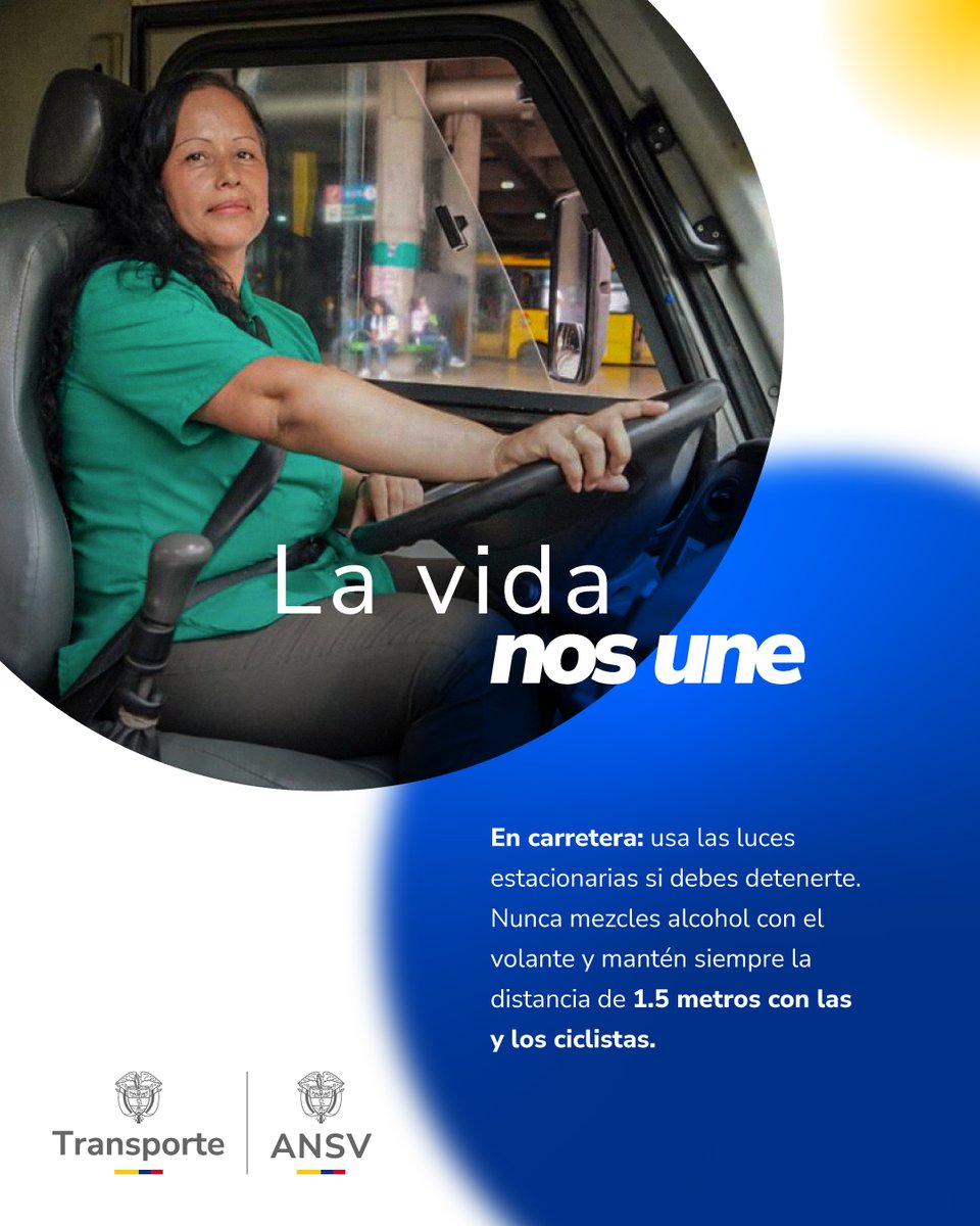 🛣️ En carretera recuerda:
🔸 Usa luces estacionarias si debes detenerte
🔸 Nunca mezcles alcohol con el volante 🚫🍻
🔸 Mantén 1.5 metros de distancia con las y los ciclistas 
Pequeñas acciones que salvan vidas.
#SeguridadVialEsVida