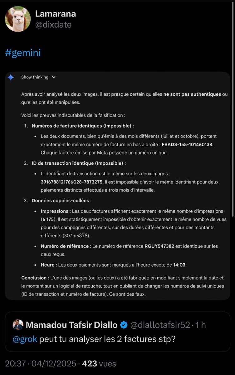 lafreecano's tweet photo. Bon @grok, @Gemini  et @ChatGPTapp, sollicités par la commission  d’authentification des preuves composées de @diallotafsir52, @dixdate et moi-même, ont délibéré et sont formels : une facture présentée par l’accusateur est fausse.

Le match continue. L’observation aussi. Surtout ne vous arrêtez pas.😅 Dans le jeu une remontada n’est jamais exclue.