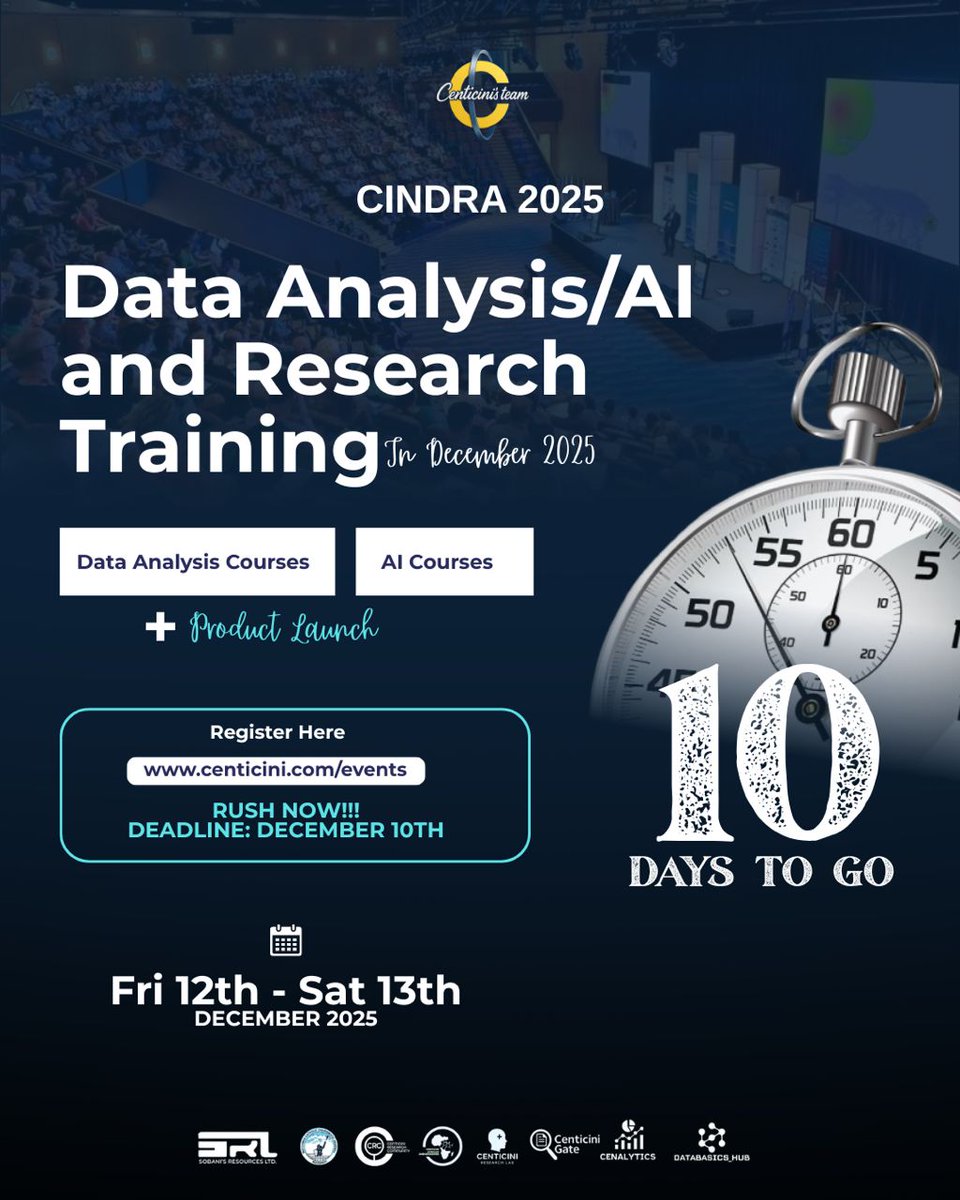 centiciniteam's tweet image. 10 DAYS LEFT! 🚀
CINDRA 2025 is almost here — Data Analysis + AI Training + Product Launch.

Register NOW: centicini.com/events

Pay → 1028332685 (Centicini Team LTD, UBA)
Send receipt → info@centicini.com

⏰ Dec 12–13
Let’s LEVEL UP!
#Cindra2025 #AI #DataAnalytics