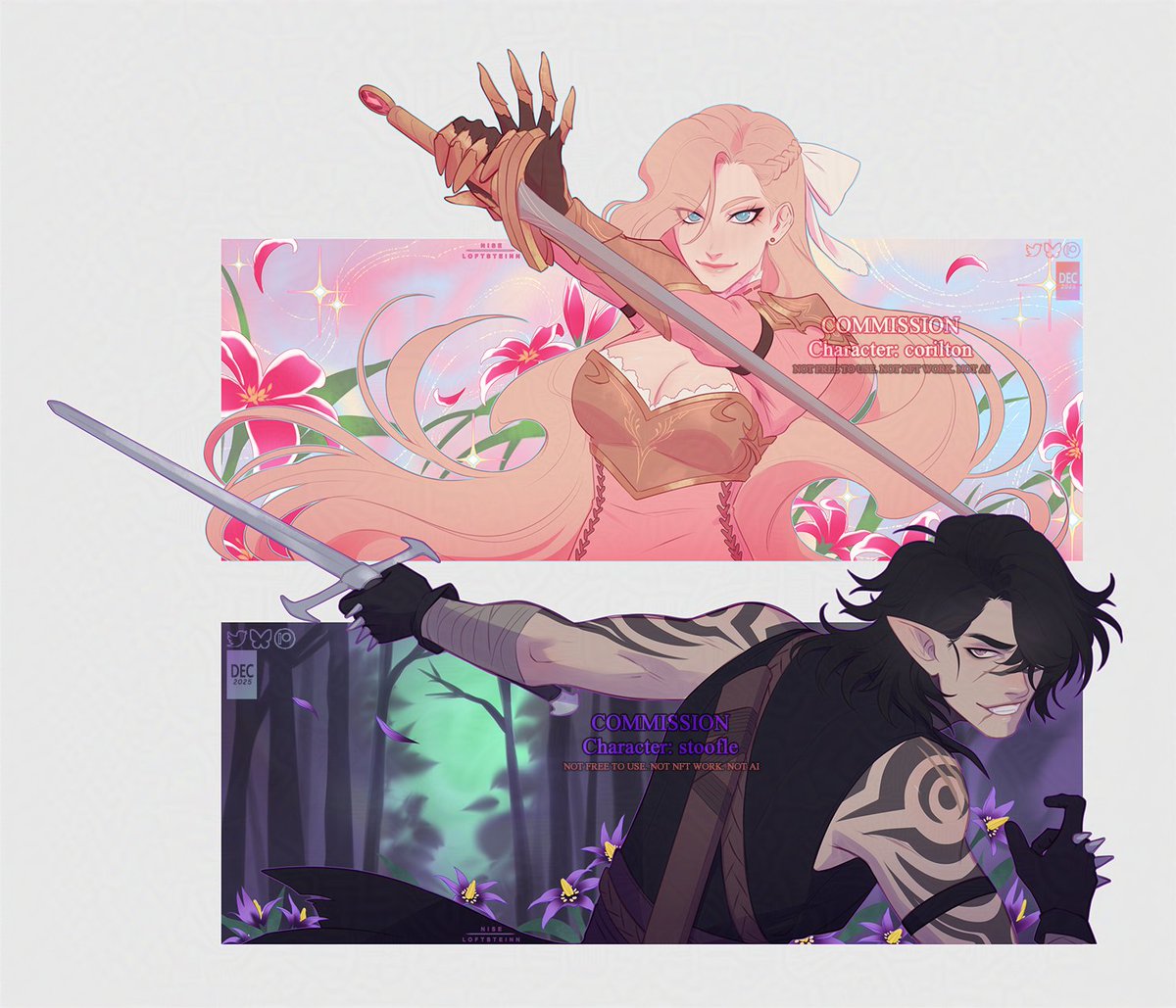 Swords and flowers, slaying together
For @/stoofle and @/corilton where the skies are blue 💗💜⚔️🌺