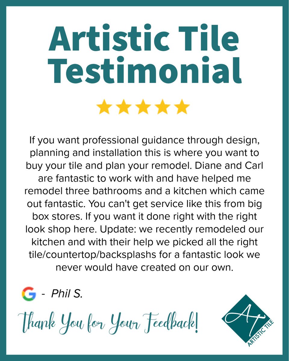Theperfecttile's tweet image. Thank you, Phil, for leaving us this amazing review.

We love hearing feedback from our customers! Visit ArtisticTileReviews.com for more amazing reviews, or give us one yourself!

#ThePerfectTile #ArtisticTile #Testimonials