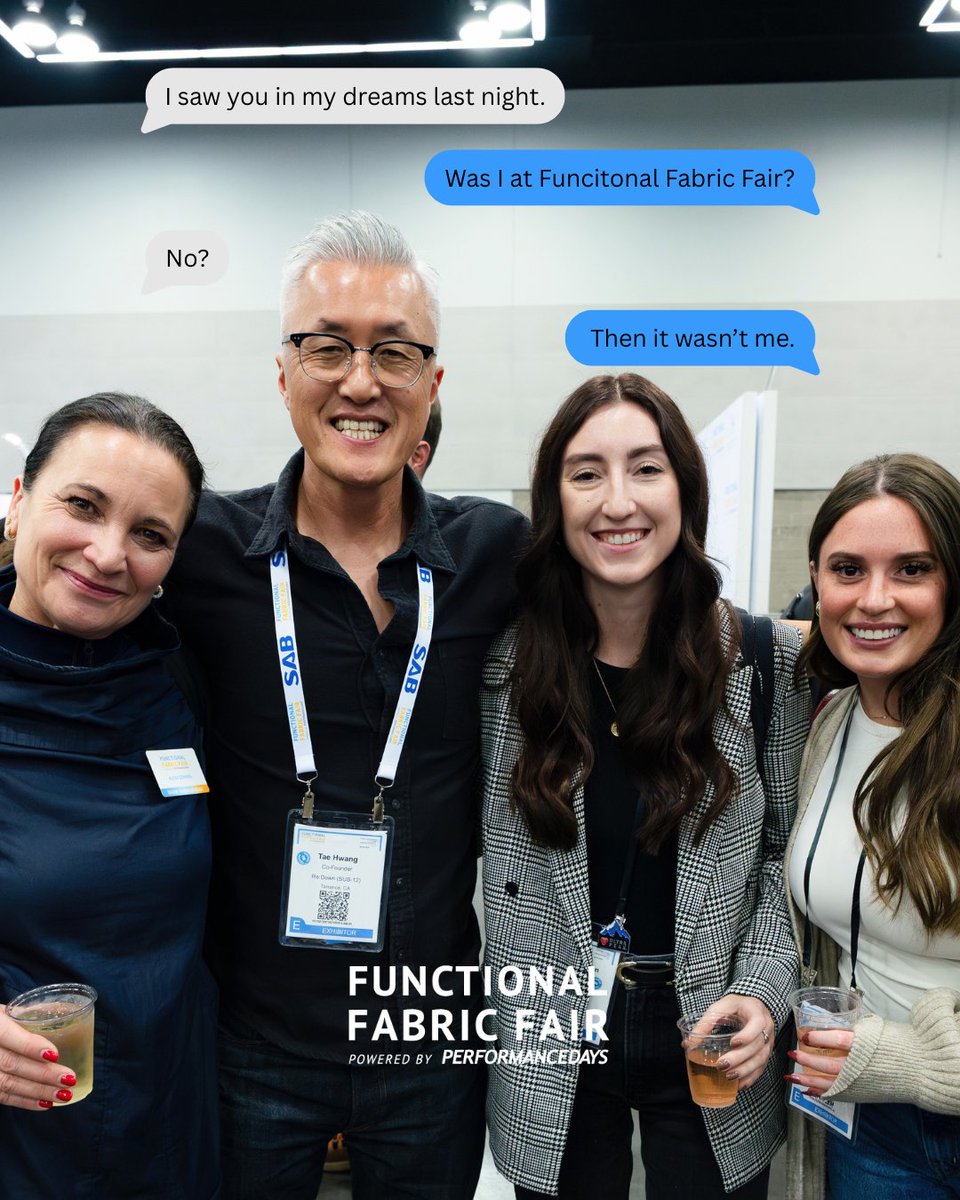 FunctionalFF's tweet image. When your subconscious knows where the best ideas (and people) are found. 😉

It’s hard to focus on anything else when you’re anticipating the next big thing in performance textiles! We love seeing these connections made on and off the show floor.