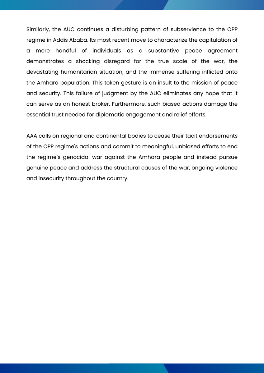 ⚡️ℹ️#STATEMENT: AAA Denounces IGAD and AUC for Legitimizing the Abiy Regime’s Fabricated “Peace Deal” Amid the Regime’s Ongoing Genocidal War

📅 December 4, 2025 (Hedar 25, 2018 EC)

<a href="/IGADsecretariat/">IGAD Secretariat</a> <a href="/_AfricanUnion/">African Union</a>

🔗 amharaamerica.org/post/aaa-denou…