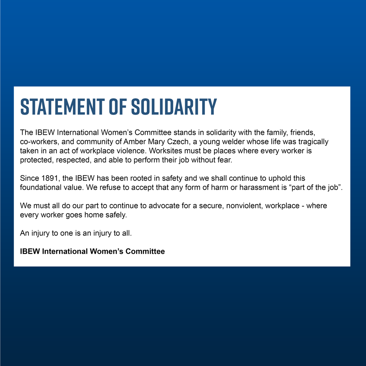 The #IBEW stands with our International Women’s Committee in opposing all forms of workplace violence and harassment and pledges to continue our efforts to an ensure safe workplace for all workers.