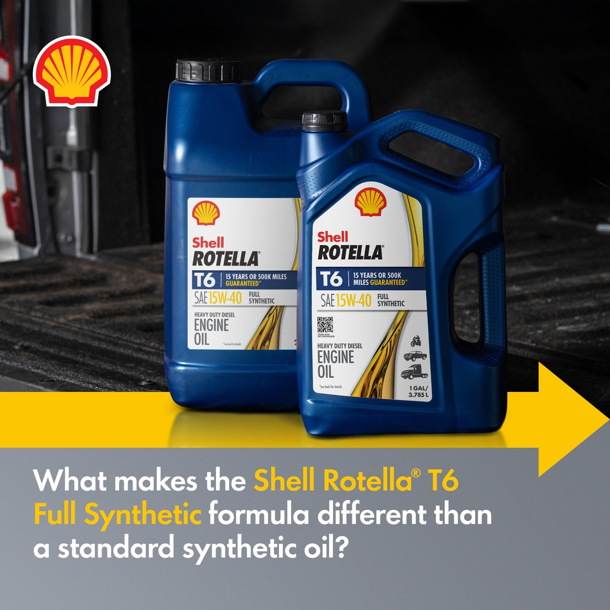 Shell Rotella T6 full synthetic exceeds the minimum levels of performance and is built with a robust additive package and synthetic base oils designed to deliver maximum performance under tough conditions, because hard work deserves hard-working protection.
