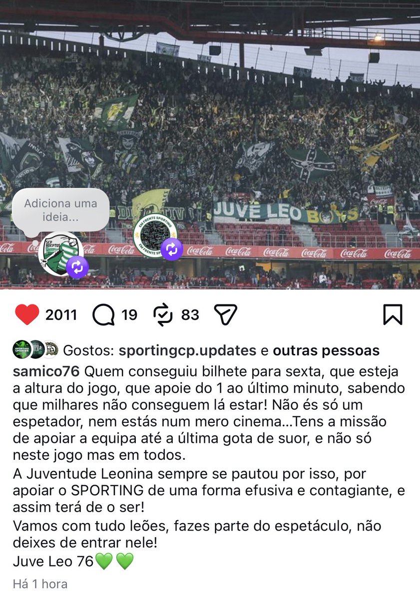 Mensagem de Samico, capo da Juventude Leonina, para os milhares de Sportinguistas que vão estar presentes na Luz:

“Quem conseguiu bilhete que esteja à altura do jogo, que apoie do 1.º ao último minuto. (…) Não és só um espectador nem estás num mero cinema.”