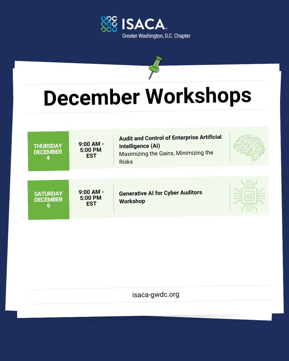 If you missed today's workshop, we have another coming up this Saturday! 

💻 Virtual Event (Teams)
📔 Earn up to 7 CPE
💵 $125 for GWDC Members / $200 for Non-Members

You can learn more and register for our upcoming webinars here: isaca-gwdc.org/events/