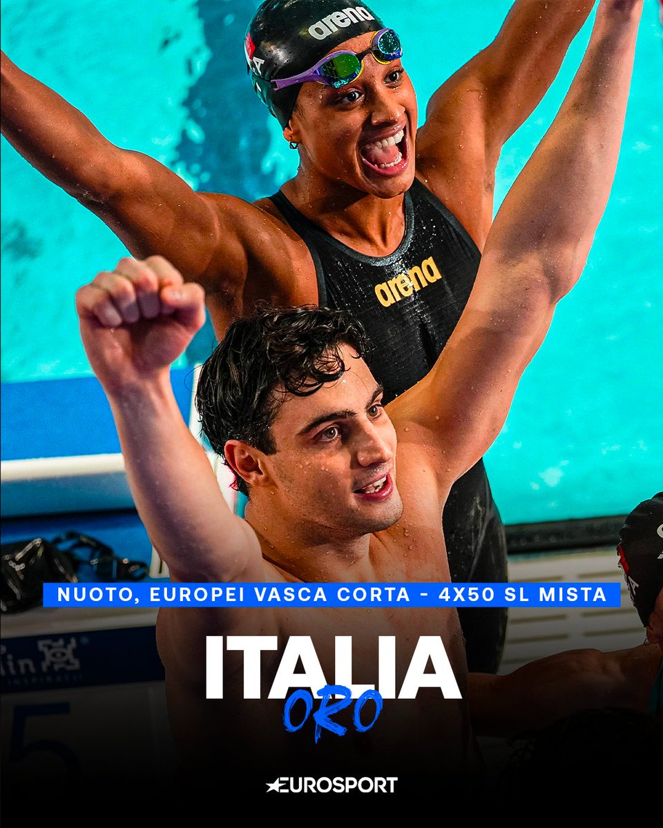 Eurosport_IT's tweet photo. Cosa hanno fatto gli azzurri 😍💙

Deplano, Zazzeri, Di Pietro e Curtis dominano la gara e a sorpresa ritoccano il primato mondiale! 🌏
Per gli azzurri si tratta della terza medaglia d’oro a questi Europei 🥇

#Nuoto #Swimming #EuropeanAquatics #Italia https://t.co/qy8LhQNxf3