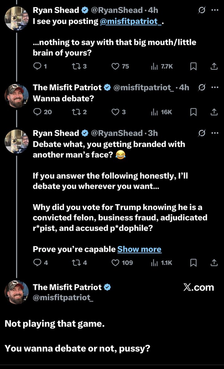 <a href="/misfitpatriot_/">The Misfit Patriot</a> I know clout chaser, just hold your horses…

Answering valid questions is not a game. You’re clearly incapable of good faith conversations surrounding Trump or yourself.

You’re a liar who uses their brother’s death to justify your hateful agenda, likely lying about how he died.