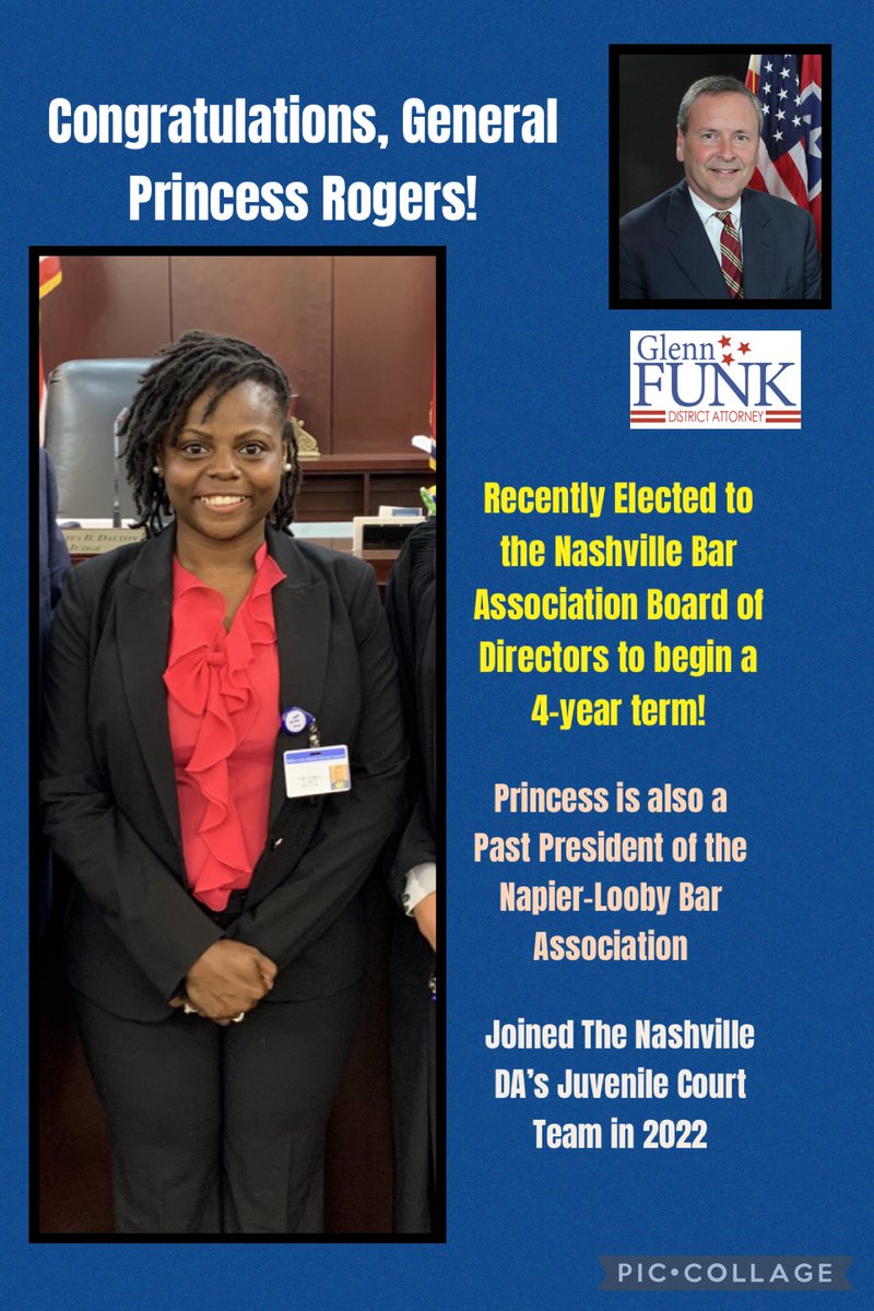 Congratulations to Assistant District Attorney Princess Rogers on her election to the Nashville Bar Association Board of Directors.   General Rogers has been a member of DA Glenn Funk’s  Juvenile Court Prosecution Team since 2022.  <a href="/NashvilleBar/">Nashville Bar Association</a> <a href="/NapierLooby/">Napier-Looby</a> <a href="/TNDAGC/">Tennessee District Attorneys General Conference</a>