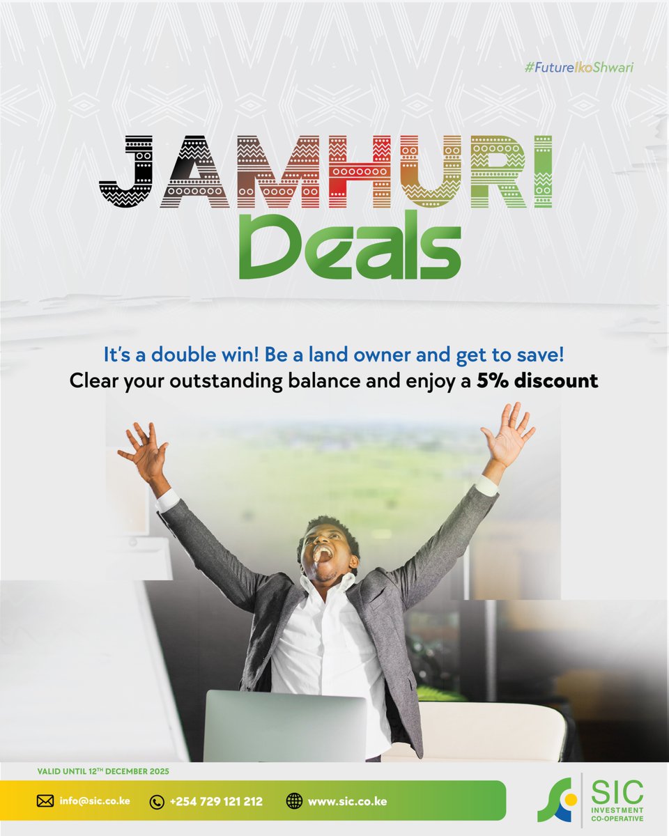 sicinvestment's tweet image. It's all smiles and saves with SIC this Jamhuri🇰🇪🥳💚
Clear your outstanding balance and enjoy a 5% discount🥳
With SIC, Future Iko Shwari

Contact us on 0729121212, info@sic.co.ke or via our social media platforms.
Learn more: sic.co.ke

#Jamhuri #FutureIkoShwari