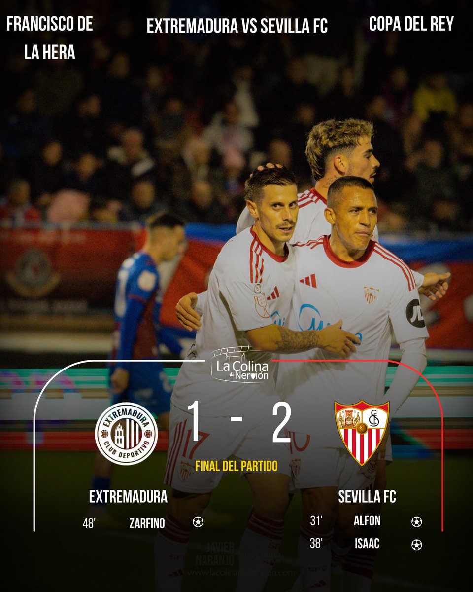 ⏰90’ | Final en el Francisco de la Hera. 

El Sevilla FC se clasifica para la siguiente ronda de la Copa del Rey gracias a los goles de Alfon e Isaac. 

CD Extremadura 🔵🔴 1-2 🔴⚪️ #SevillaFC

#CompartimosAfición #ExtremaduraSevillaFC #LaCopaMola